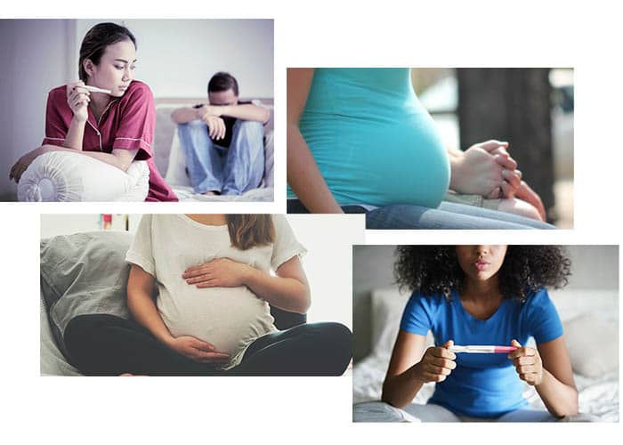 Photo collage of different pregnant women and pregnancy tests